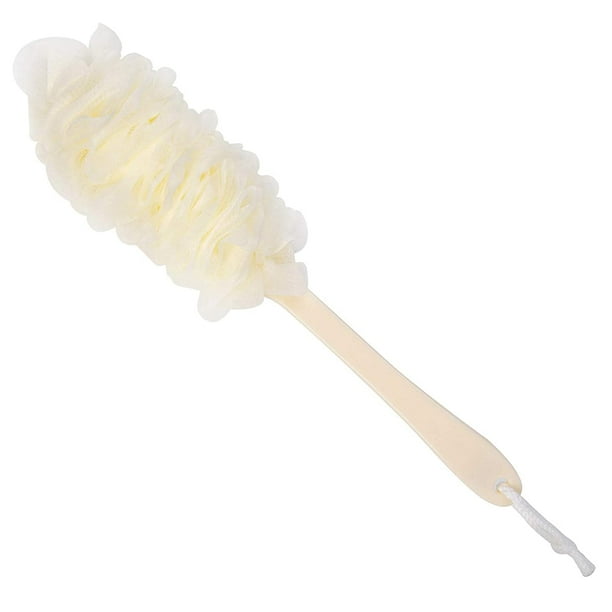 Esponja de lufa de malla de nailon suave para limpieza profunda, cepillo de baño exfoliante para hombres y mujeres, ideal para personas mayores - Cepillo de ducha de mango largo blanco