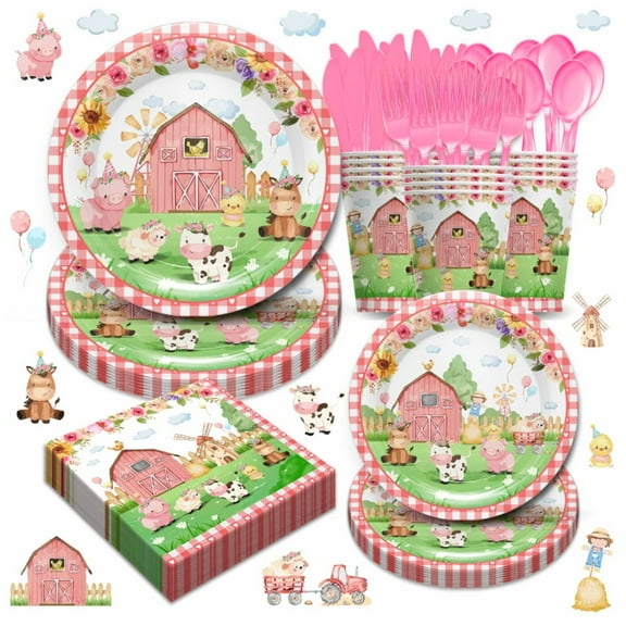 168pcs Farm Animal Party Supplies Tableware Set - Farm Birthday Baby Shower Decorations Include Plates, Cups, Napkins, Cutlery, Farm House Animal Barnyard Theme Party Supplies | Serves 24-Pink
