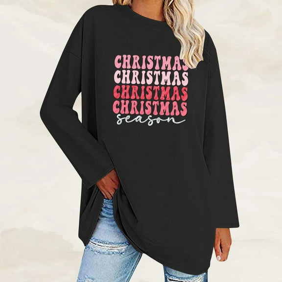 UPPADA Womens Christmas Shirts Long Sleeve Crew Neck Pullover Tops Funny Cute Xmas Letter Printed Tree Graphic Tee Winter Family Xmas Tops cute xmas gifts Black,L