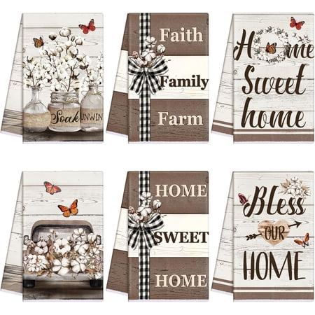 JJEAN-6 Pcs Farmhouse Rustic Kitchen Towels Farm Cotton Dish Towels Decorative Vintage Hand Towel for Cleaning Drying Wiping Tasks Women Mom Gifts Home Living Room Decor