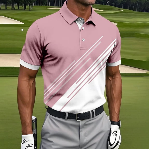 UVEASISHA Men's Polos Shirts Short Sleeve Button Collar Golf Tshirts Fashion Geometric Printed Tennis Shirt Business Casual Pullover Tees Pink XXL