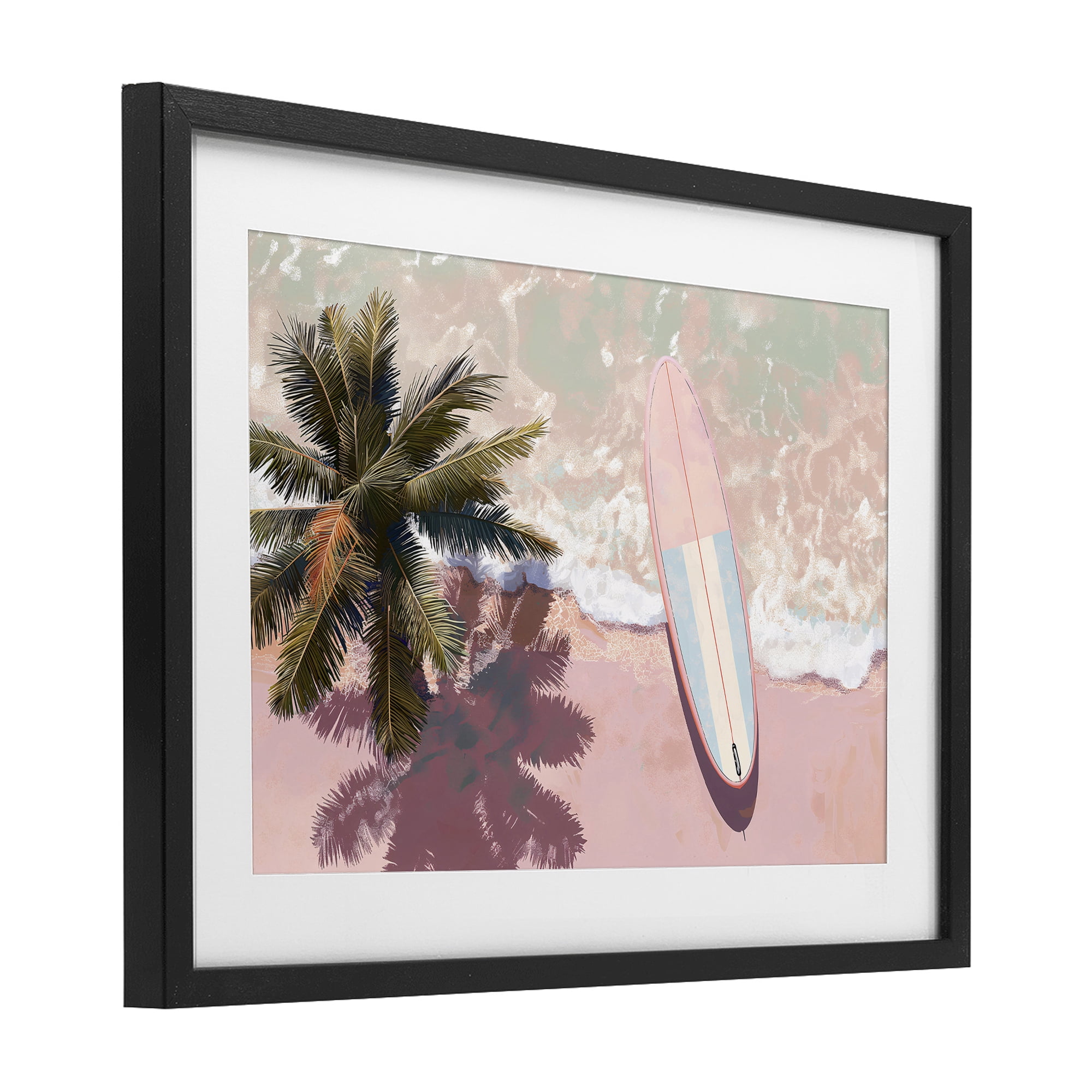 Stupell Industries Blush Pink Surfboard & Palm Black Framed Print Under Glass, design by Jacky Ngan