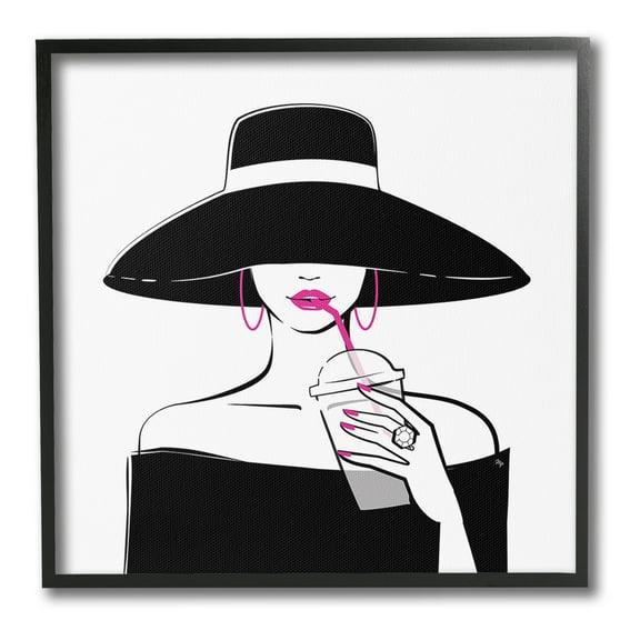 Stupell Industries Glam Girl & Iced Coffee Food & Beverage Painting Black Framed Art Print Wall Art, 12 x 12