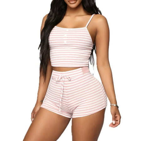 

Ma&Baby 2PCS Women Striped Pajama Set Spaghetti Strap Cami Shorts Sleepwear Set