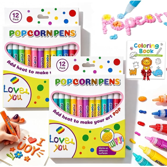 3D Magic Popcorn Pens, 2026 New DIY Bubble Popcorn Drawing Pen with 6/12 Colors, Dries with Fun Texture for Drawing Coloring Crafts Art Projects and Classroom