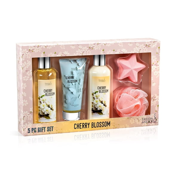 Cherry Blossom Spa Gift Box for Women, 5 Piece Bath and Body Gift Set with Shower Gel, Body Lotion, Body Scrub, Bath Bomb and Sponge, Self Care Gift for Mom, Mother’s Day, Birthday