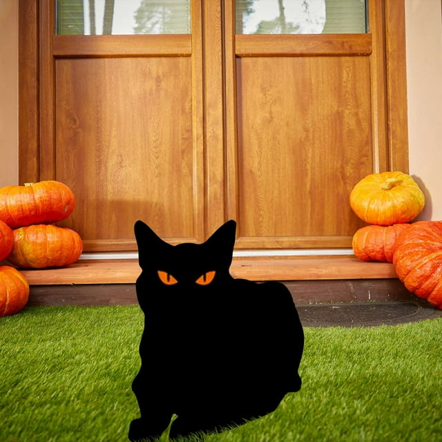 Decoración de Jardín de Hierro Forjado para Halloween | Juego de 4 Gatos | Material Acrílico Resistente | Letreros para Exterior | Tamaño: 24 Cm | Incluye Taco para Enterrar