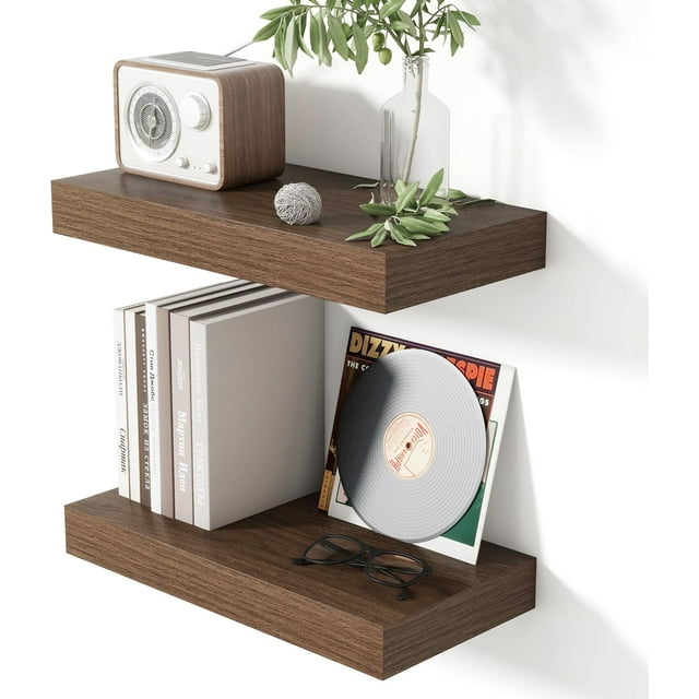 16 Inch Floating Shelves for Wall Walnut Shelves Set of 2,Wall Mounted Rustic Wood 8 Inch Deep Floating Shelf with Invisible Brackets for Bedroom Kitchen Living Room