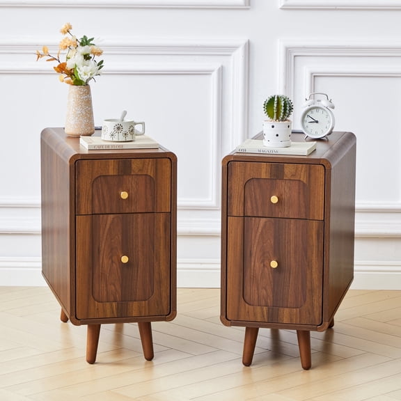 YOCWO Narrow End Table Set of 2 with Charging Station, Slim Nightstand Side Table with Drawer and Door for Living Room Bedroom, Walnut