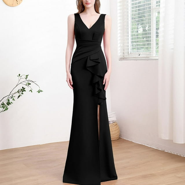 UPPADA Wedding Guest Dresses for Women One Shoulder Ruched Formal Evening Dress Wrap Ruffle Hem Dress Halter Bodycon Maxi Dress High Waist Party Prom Gown Cocktail Dress Clearance on sale