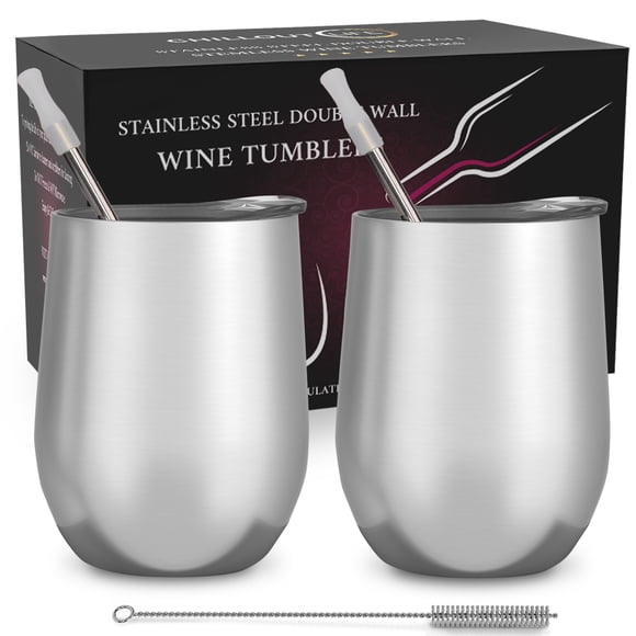 CHILLOUT LIFE - Juego de 2 vasos de vino de acero inoxidable de 12 oz - Copas de vino aisladas al vacío de doble pared con tapas y pajitas para café, vino, cócteles (acero inoxidable) CHILLOUT LIFE CHILLOUT LIFE Vaso 2 x 12 oz