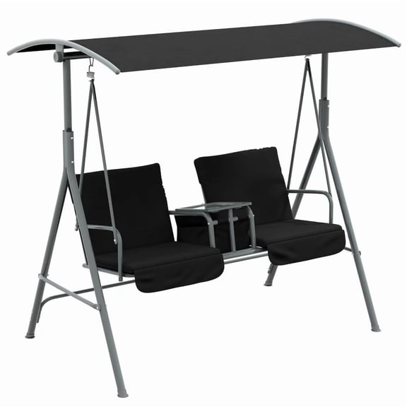 2-Seater Steel Outdoor Porch Swing with Canopy and Table, Black