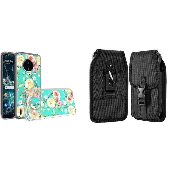 Case and Pouch Bundle for Nokia C200: Slim Series TPU Protector Case (White Pink Flowers on Teal) and Vertical Nylon Buckle Belt Holster
