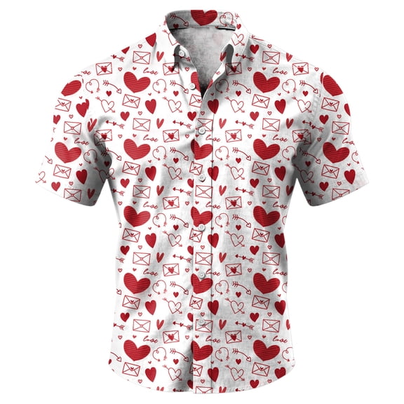 Havenx Valentines Day Dress Shirt for Men Button Up Heart Print Outfits Short Sleeve Lapel Tops Holiday Party Loose-Fit Valentines Day Clothes,White 5XL