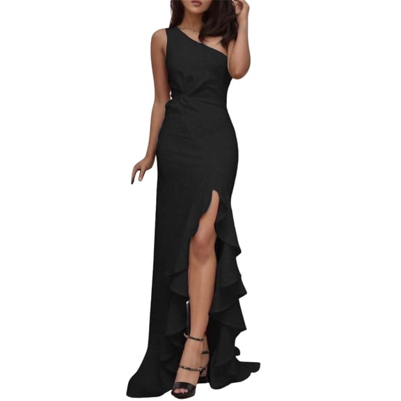 Aayomet Formal Dresses Women Formal V Neck Ruffle Split Evening Party Long Dress,Black M