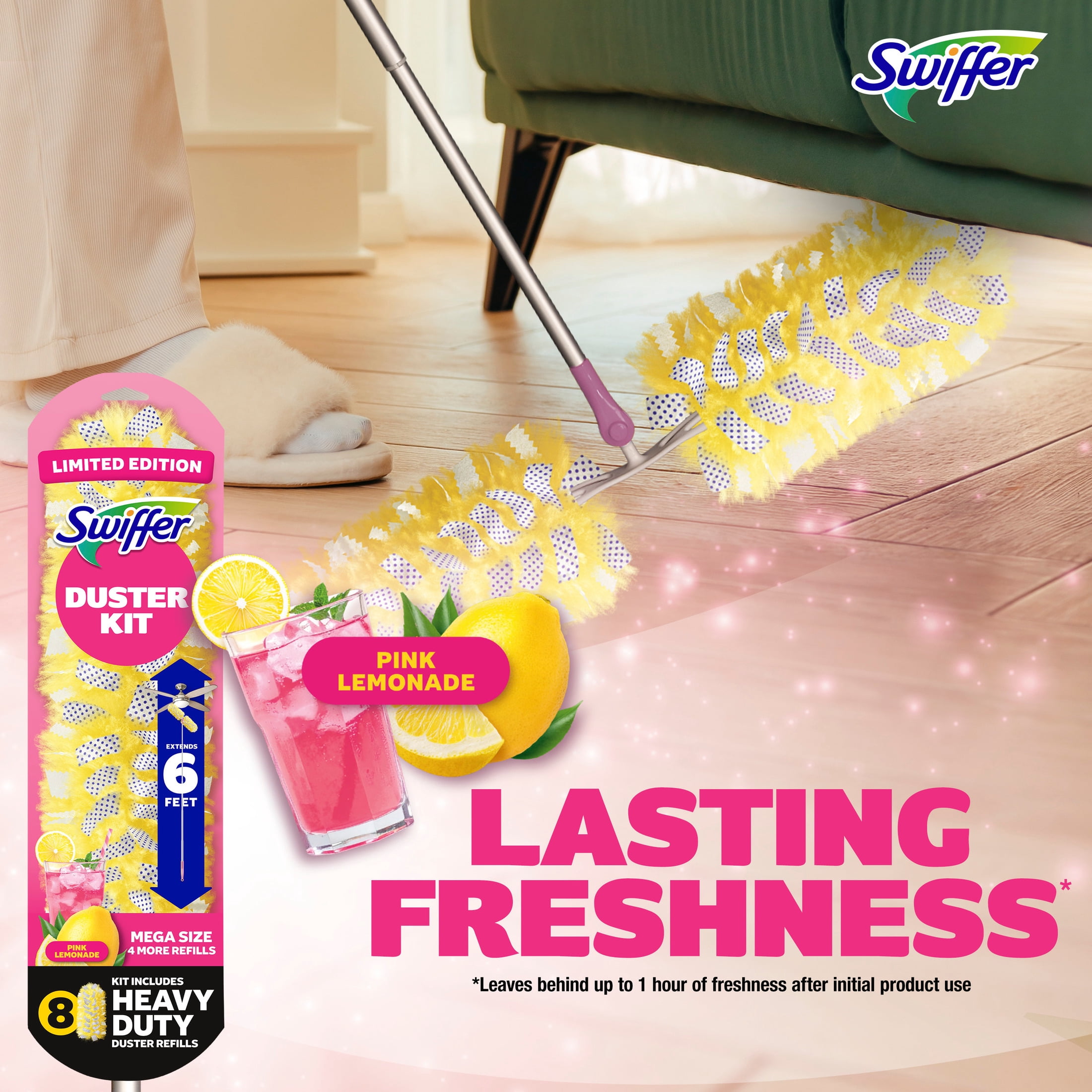 Swiffer Pink Limited Edition Duster Kit with 6 ft Super Extendable Handle, Heavy Duty Starter Kit with 8 Refills, Pink Lemonade Scent