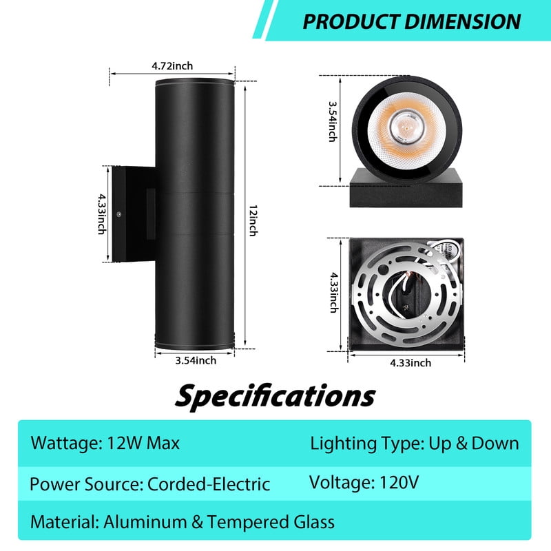 HKMGT Modern Black LED Outdoor Wall Light Hard-Wired 12W, Waterproof Aluminum Up Down Sconce for Porch Patio (8-pack)