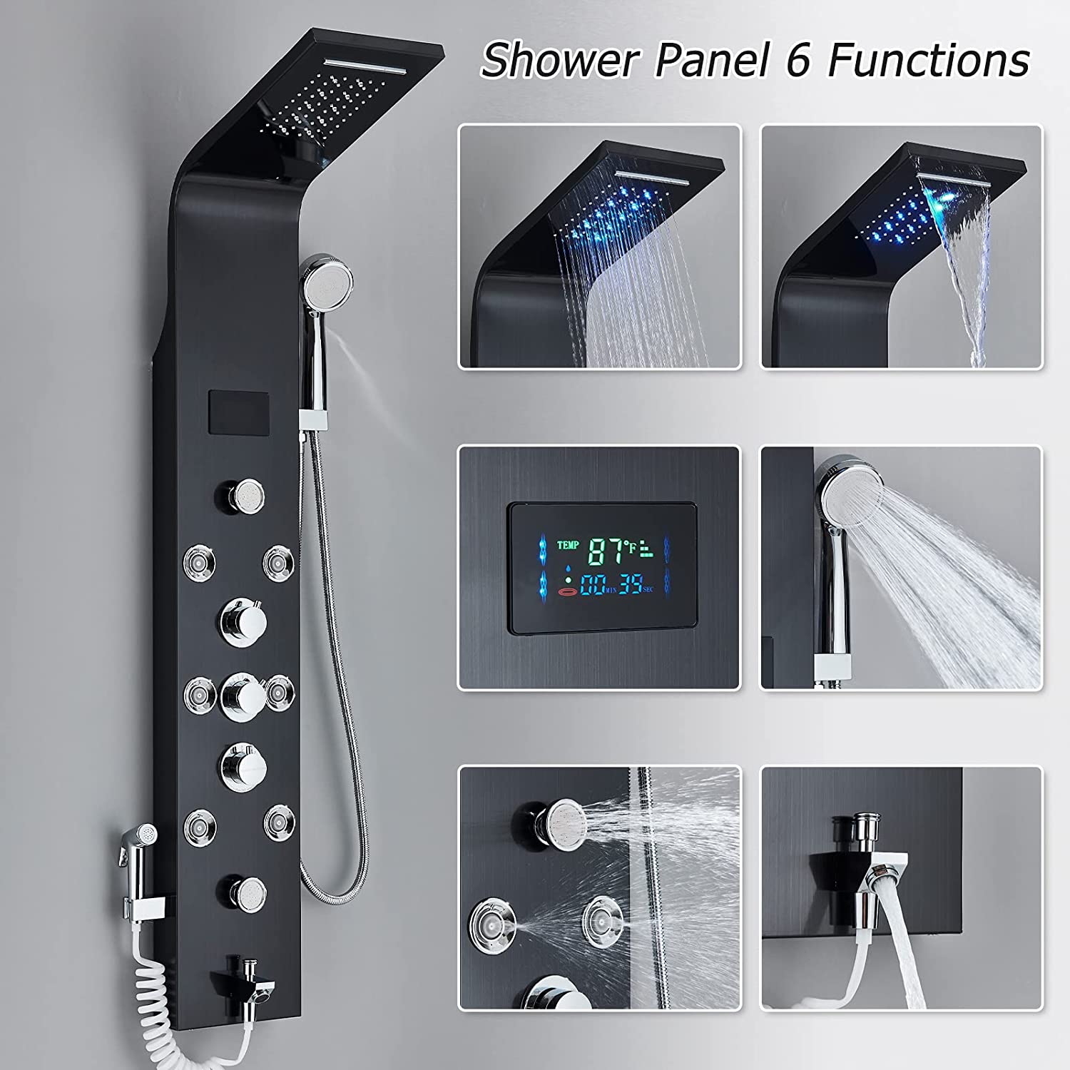 Shower Panel Tower LED Shower System with 6 Functions Unique Powerful hydromassage and Bidet Tap Shower Tower Wall Mounted Black