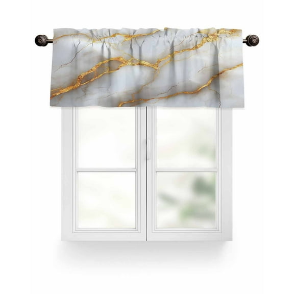 White Abstract Marble Texture Kitchen Valances for Windows Gold Lines Valance Curtains  for Kitchen /Living Room/Bedroom/ Bathroom Decor, 42"x12 " ,Rod Pocket 1 Panel,