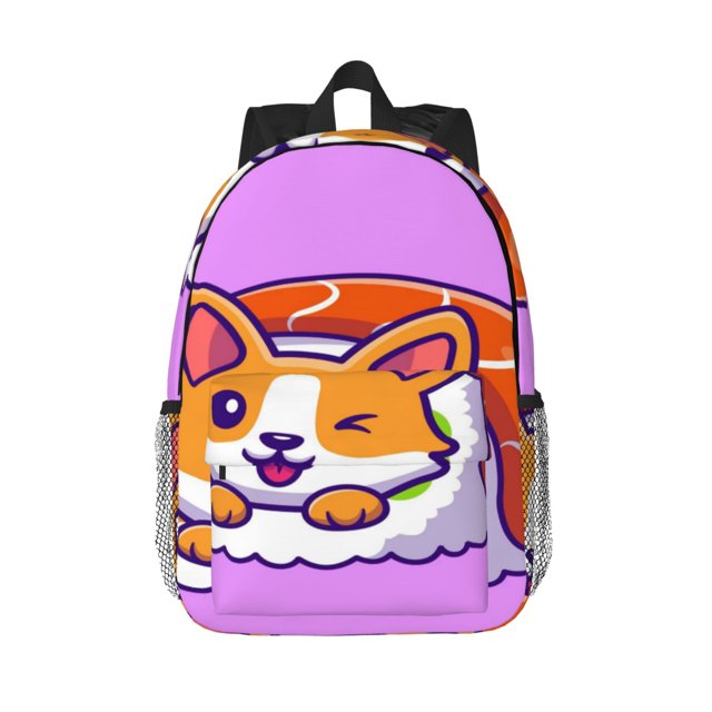 Wukai Corgi In Sushi Roll Print 15Inch Student Backpack, Multi-compartment Waterproof Lightweight Backpack, Suitable for School, Office, Sports, Unisex