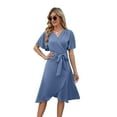 thumbnail image 3 of Women'S Wrap Dress V Neck Short Sleeve Waist Tie Ruffle Split Midi Casual Dress Gray blue M, 3 of 9