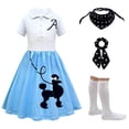 thumbnail image 5 of Staki Girls 50s Outfit Girls 1950s Poodle Skirt Costume Set, 4PCS Sock Hop Outfit, Retro 50s Dress Up Costume for Halloween, School Party 2T 3T 4T Light Pink,6-7 Years, 5 of 5