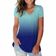 thumbnail image 2 of Camiseta de mujer con cuello en V, manga corta, gradiente superior, camiseta informal, azul, S Sweethay AP001652-16, 2 of 5