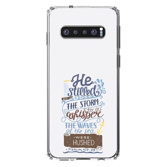 DistinctInk Clear Shockproof Hybrid Case for Samsung Galaxy S10 (6.1" Screen) - TPU Bumper, Acrylic Back, Tempered Glass Screen Protector - Psalm 107:29 - He Stilled the Storm, Waves Were Hushed