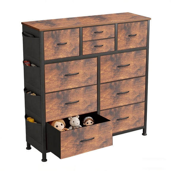 Rustic Brown Wood Grain 10-Drawer Fabric Dresser, Metal Frame Organizer with Side Pockets & Hooks for Bedroom and Living Room
