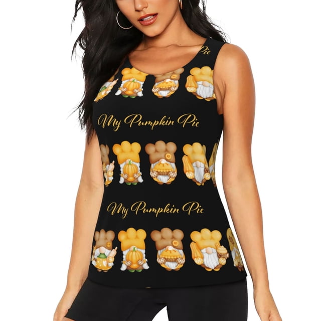 Balery Pumpkin Pie Gnome Camiseta sin mangas estampada ligera para mujer, tops de entrenamiento sin mangas, camisetas de yoga transpirables de secado rápido.-Large