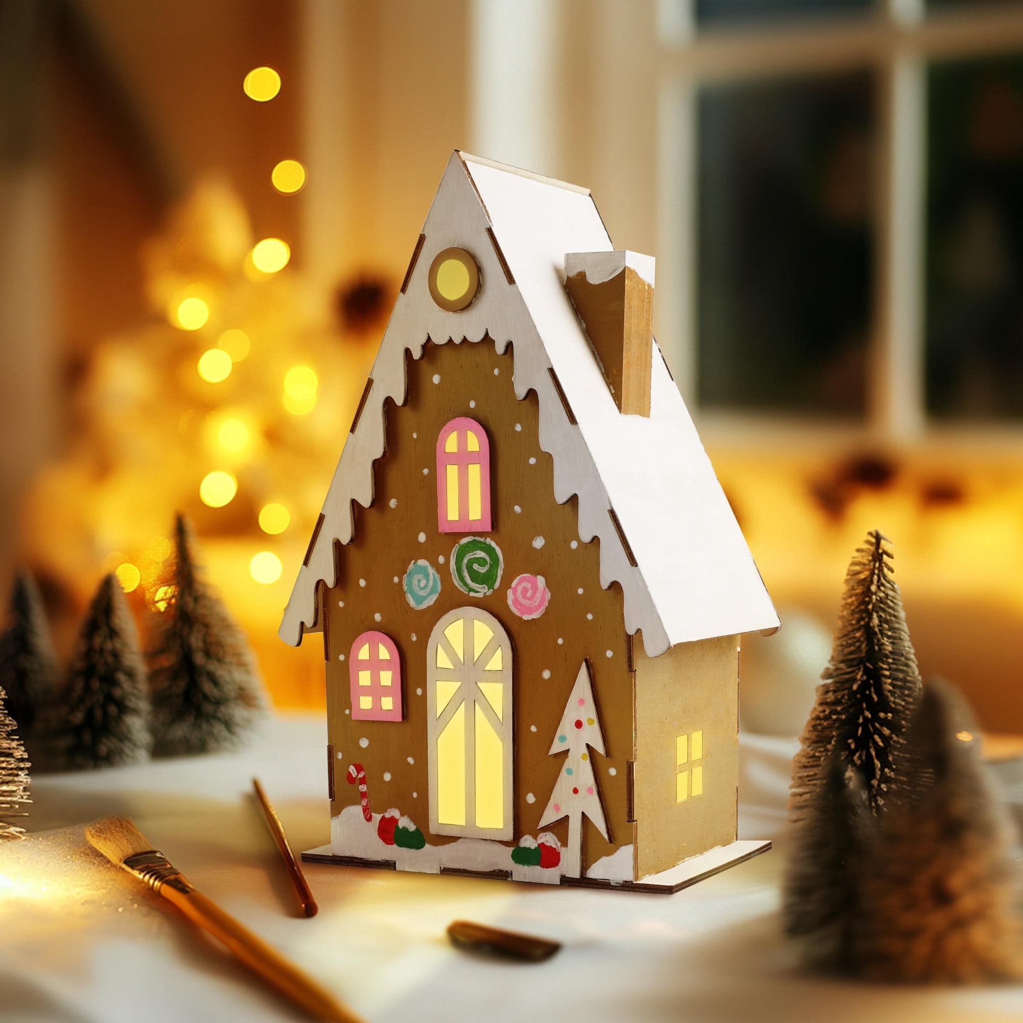 LED Light Up House and Paint Kit, 6.4 x 10 x 3.7 Inch, Wooden Decoration, Unisex,Christmas