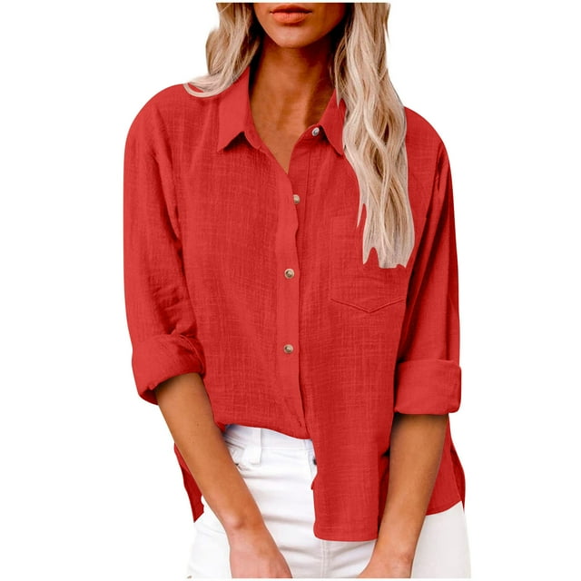Timegard Button down Shirts for Women Cotton Linen Plus Size Lapel Neck Blouse Fall Casual Loose Tops