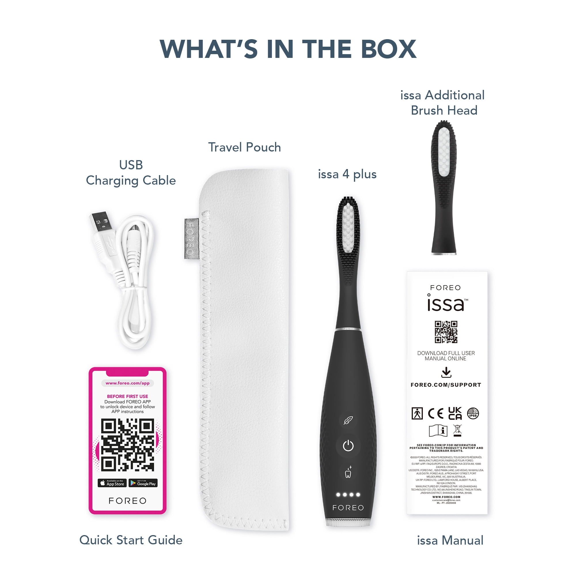 FOREO Issa 4 Plus Sonic Electric Toothbrush Rechargeable Bundle with Extra Hybrid Brush Head, Black
