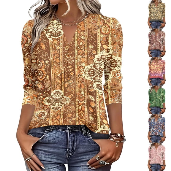 Boho Print Blouse for Women, V-Neck 3/4 Sleeve Tunic Top with Button Detail - Loose Fit Bohemian Casual Shirt for Fall & Winter Blue L
