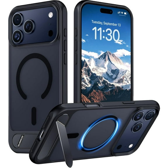 Apple iPhone 17 Pro Case, Built in Kickstand, Compatible With MagSafe, Military Grade Shockproof, Slim Translucent Matte Phone Cover 6.3'', Black