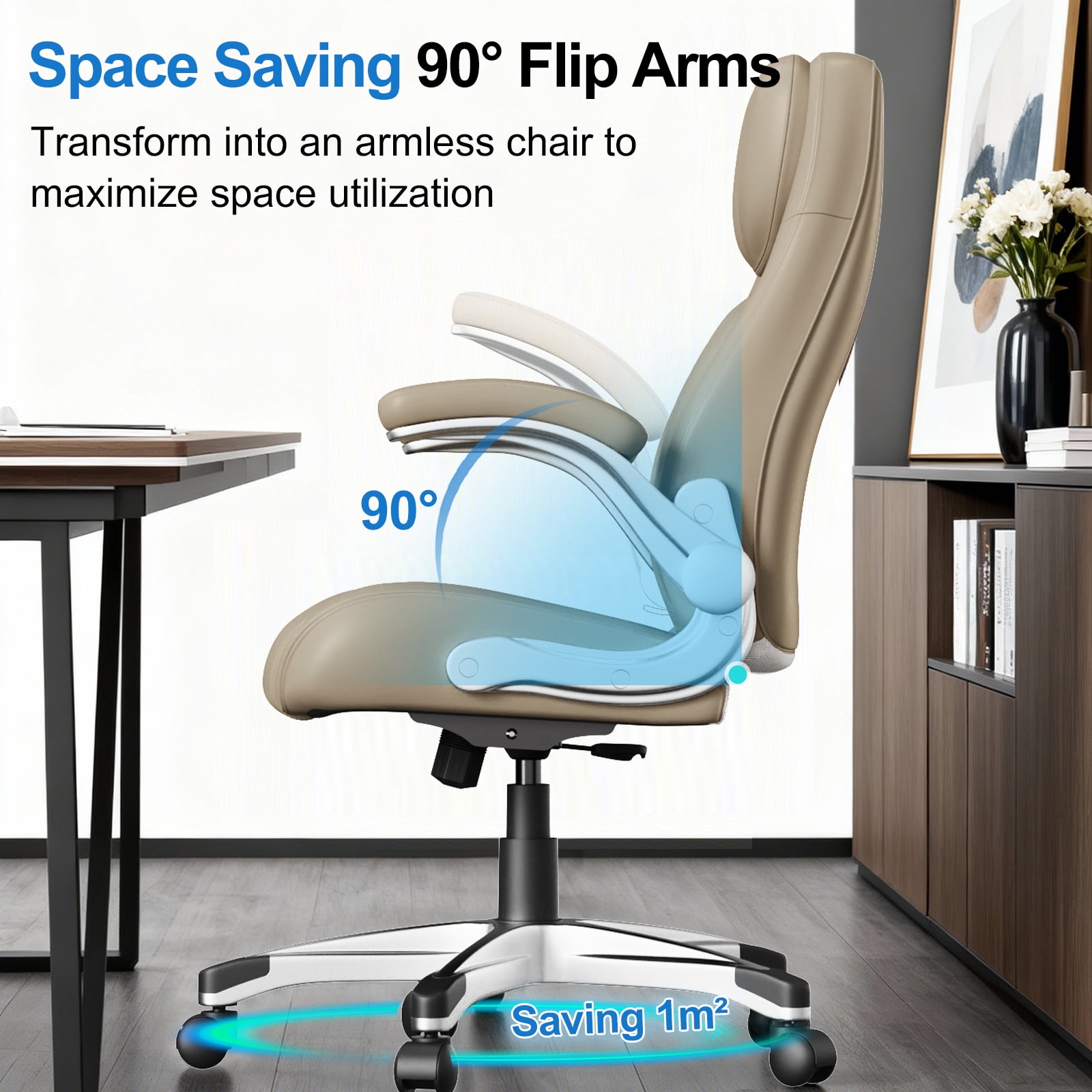 Nouhaus Office Ergonomic Desk High Back Executive Chair with Pop-Out Lumbar Support, Adjustable Headrest, Flip-Up Arms, Leather Home with Thick Cushion for Comfort - Taupe