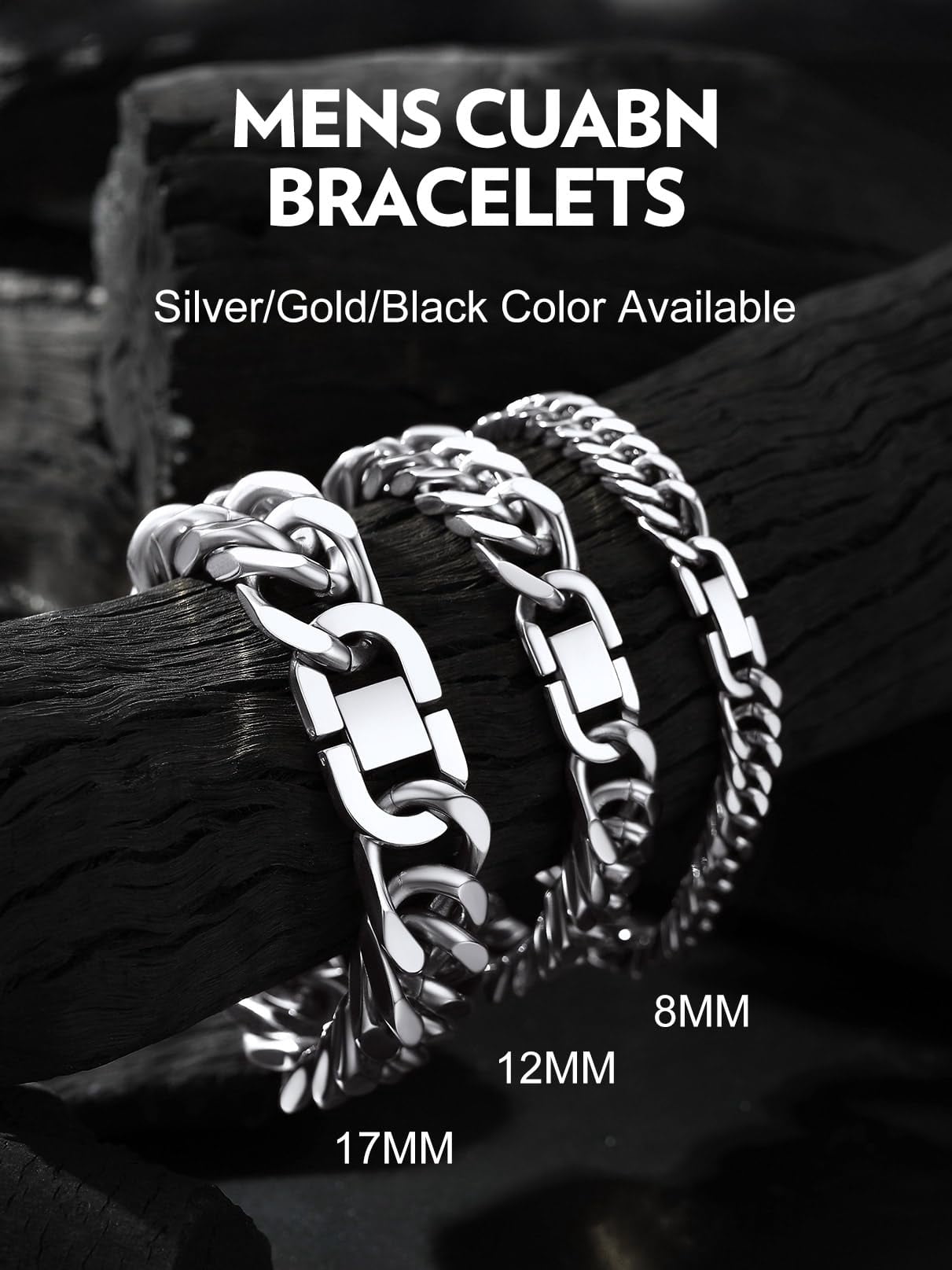 Bandmax 17MM Stainless Steel Cuban Chain Bracelets for Men Miami Curb Link Hand Chain Wristlet Birthday Valentines Father Day Gift for Dad Son Husband Grandpa