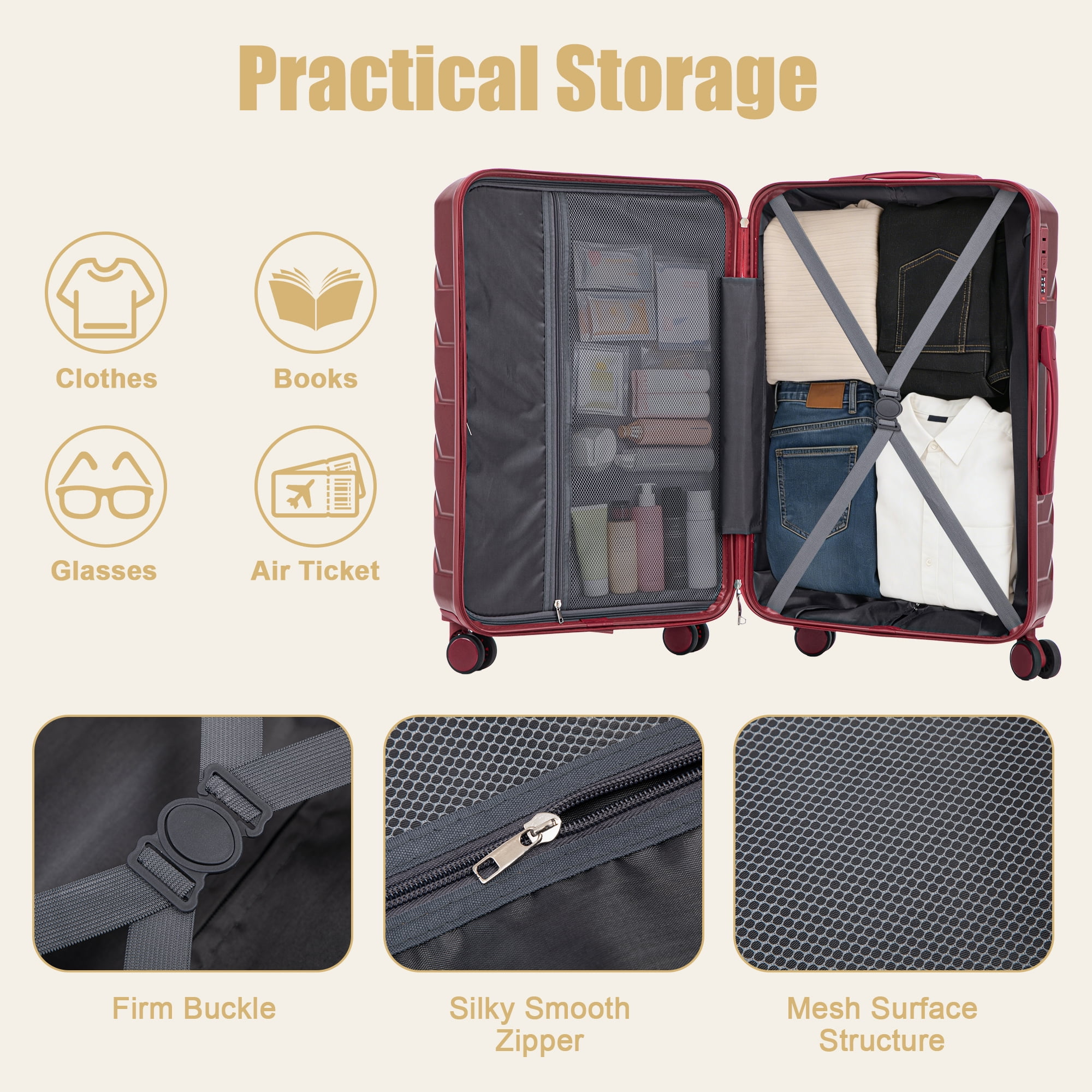 28 Inch ABS Hard Shell Large Travel Checked Luggage (Wine Red)