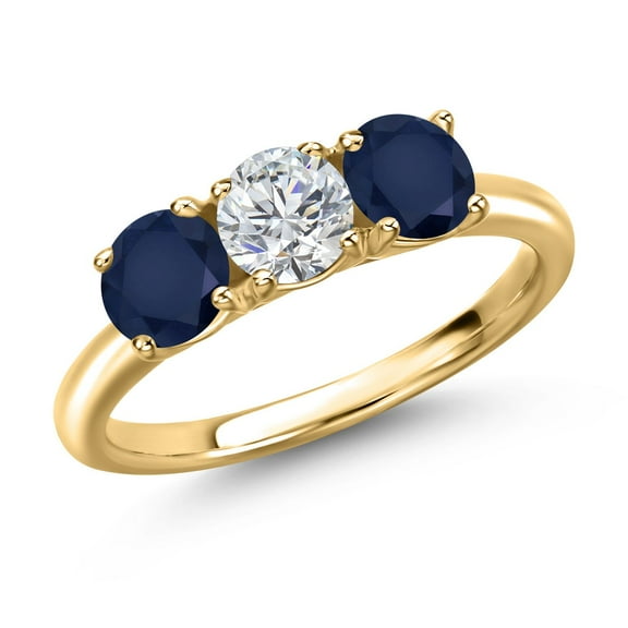 Gem Stone King 18K Yellow Gold Plated Silver Lab Grown Diamond and Blue Sapphire Engagement Ring for Women | 1.70 Cttw | Round 5MM | Gemstone April Birthstone | Size 6