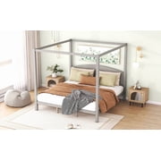 Bed Frame King Size Canopy Platform Bed with Headboard and Support Legs, Grey Wash