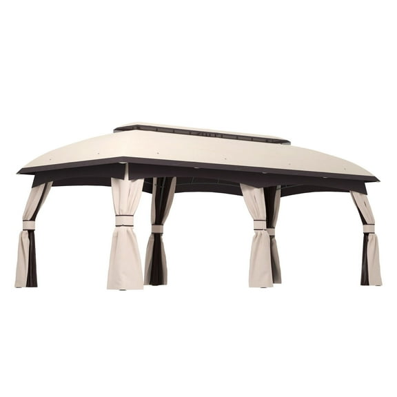 10'x20' Patio Gazebo, Outdoor Canopy Shelter with Netting & Curtains - Vented Roof for Garden, Beige