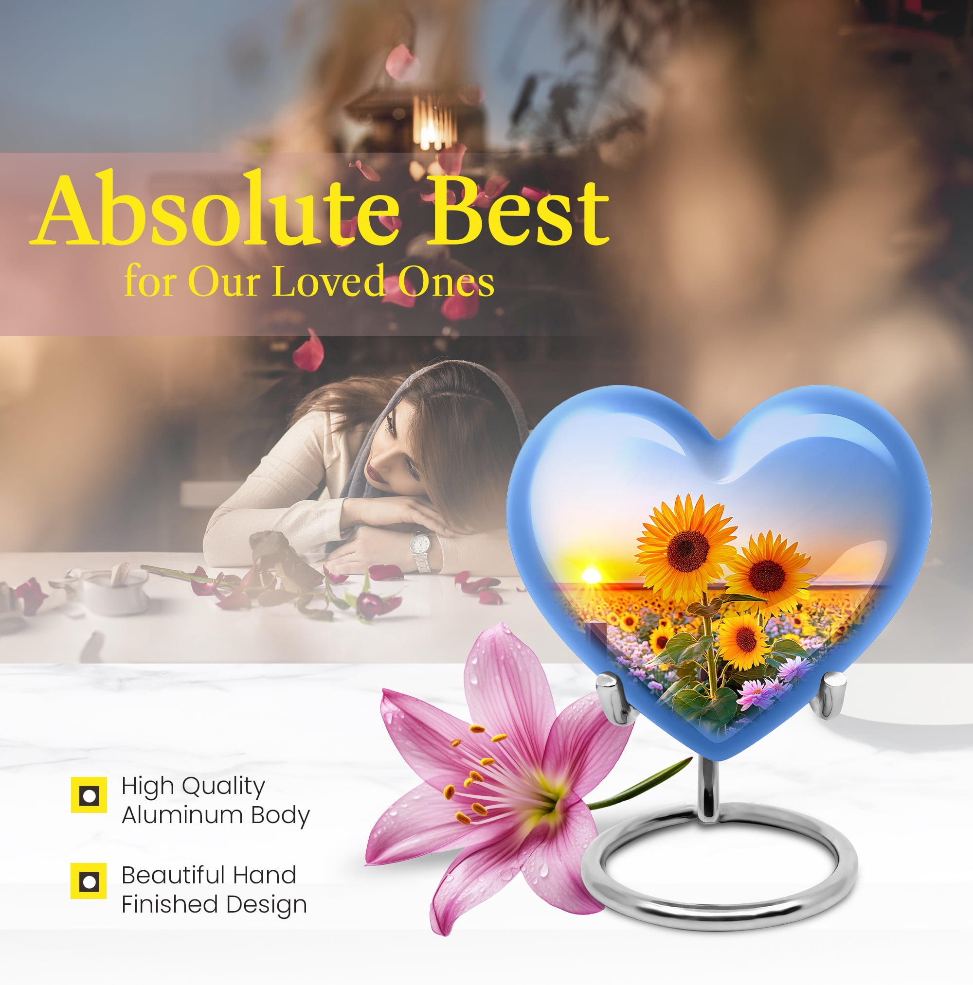SABURIAL Sunflower Urn - Large Funeral Urn For Human Ashes Adult Female - Combo Of 8 Inch & 3 Inch - Small Keepsake Urns For Human Ashes Adult Man