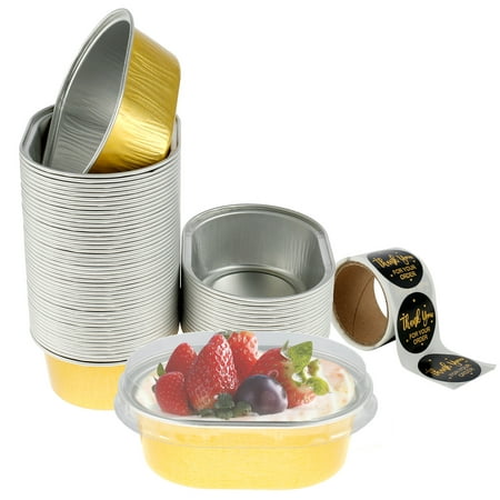

JTWEEN 60Pcs Aluminum Foil Cake Container 68ml Heat-Resistant Foil Baking Cups with Clear Lids and Stickers Mini Oval Cake Pan Reusable Small Cheesecake Muffin Pan for Dessert Picnic