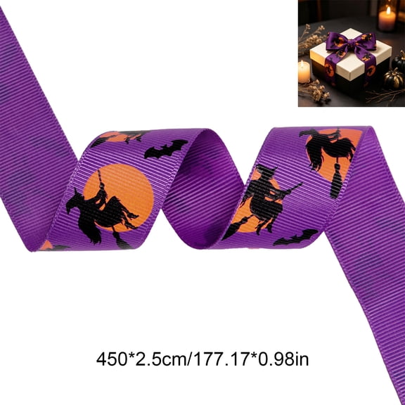 Qocolcyl 1x 177in Halloween Purple Printed Polyester Ribbon DIY Craft Kit, Beginner Friendly Pumpkin Witch Bat Grosgrain Ribbon, Indoor Outdoor Wreath Bow Gift Wrap Holiday Party Decor Supply