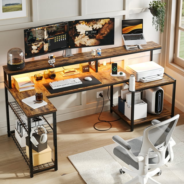 Bestier 71 inch L-Shaped Gaming Desk with Power Outlets LED Computer Office Table with Monitor Stand & Storage Shelf in Rustic