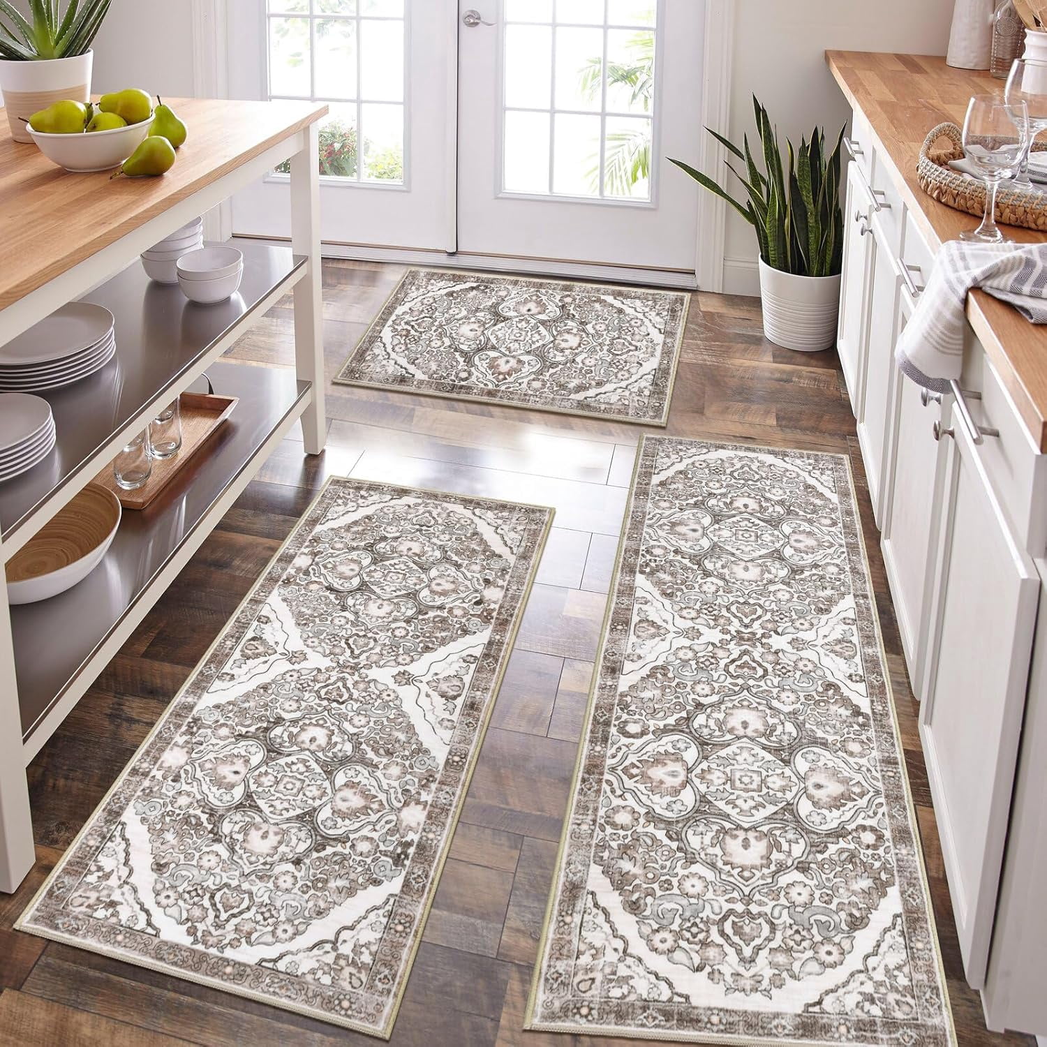 Farmhouse Kitchen Rugs Sets of 3 Non Slip Washable Kitchen Rugs and Mats Boho Kitchen Mats for Floor Kitchen Runner Rug Kitchen Carpet Rug Runner for Hallways Kitchen Laundry