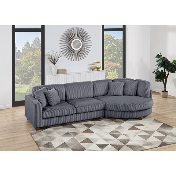 Contemporary 2-Piece Sectional Set with Round Chaise and Sofa in Dark Gray Corduroy