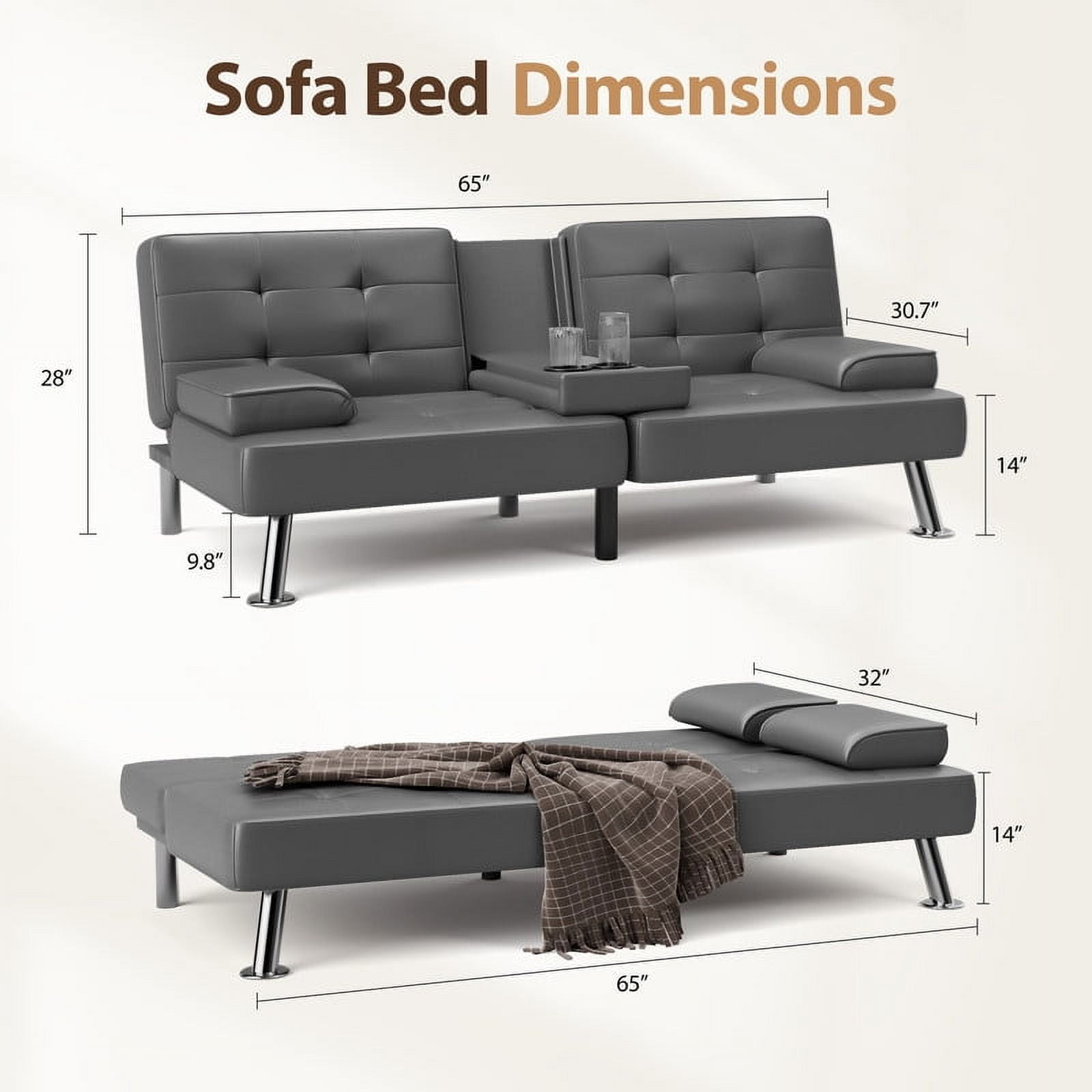 Furmax 3-in-1 Futon Sofa Bed Convertible Couch – Faux Leather Recliner with Cup Holders for Living Room, Apartment & Small Space, Gray