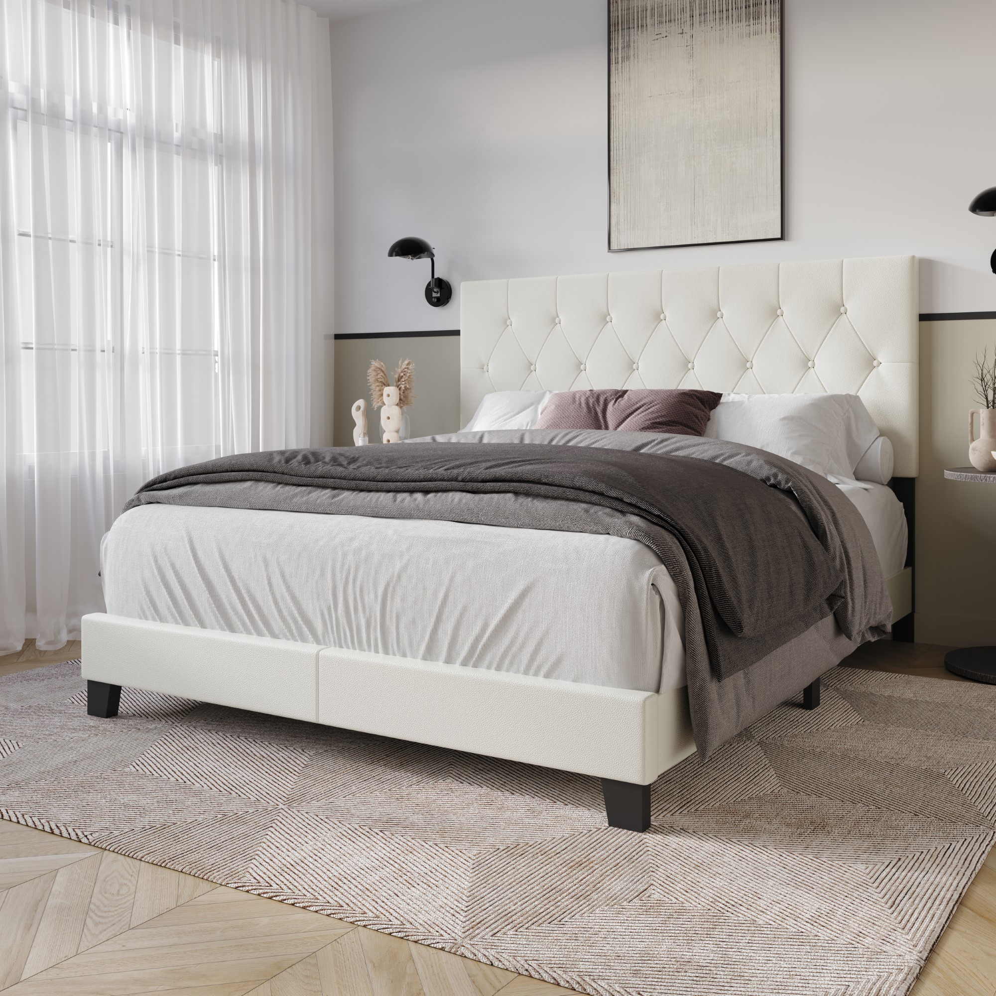 Home Design Boone Queen Tufted Upholstered Panel Bed with Faux Leather and Padded Headboard, White, Easy Assembly