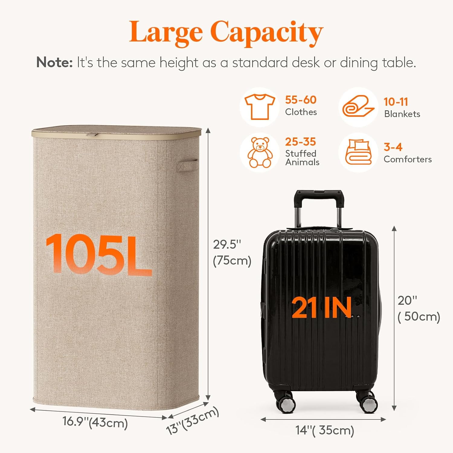 105L Large Laundry Basket with Lid, Hamper Plastic Handles and Removable Bag, Foldable Tall Dirty Clothes Hampers for Room, Bedroom, Bathroom, Dorm, Beige